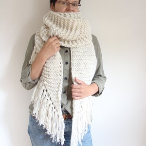 Asymmetric giant knitted scarf, long ivory shawl with tassels, fringe winter wrap scarf, large women's scarf image 4