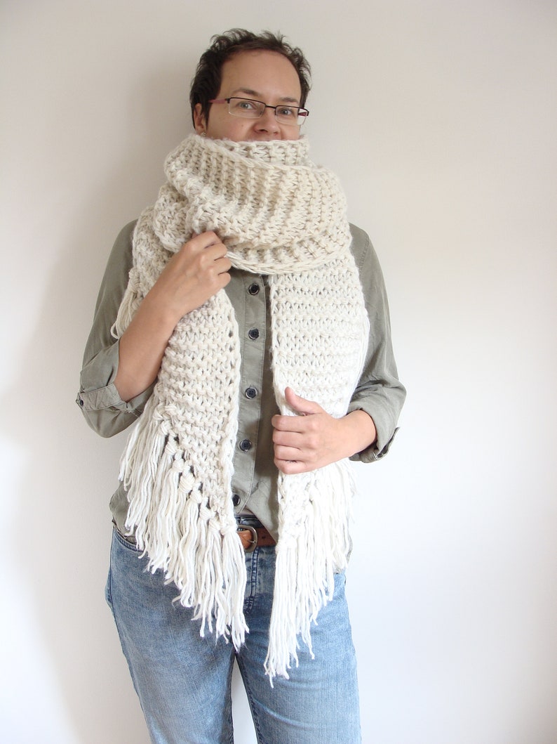 Asymmetric giant knitted scarf, long ivory shawl with tassels, fringe winter wrap scarf, large women's scarf image 4