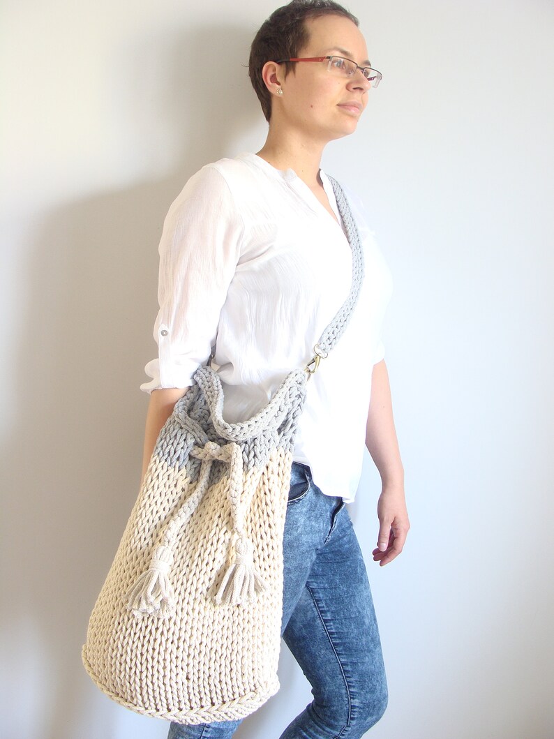 Knitted Bucket Bag Knit Cotton Rope Bag Crossbody Boho Bag Etsy