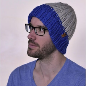 Two-toned chunky knit wool beanie hat, long knitted ribbed beanie, double brim fisherman's winter beanie