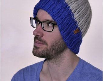 Two-Toned Wool Knit Beanie: Chunky Fisherman Style Winter Hat
