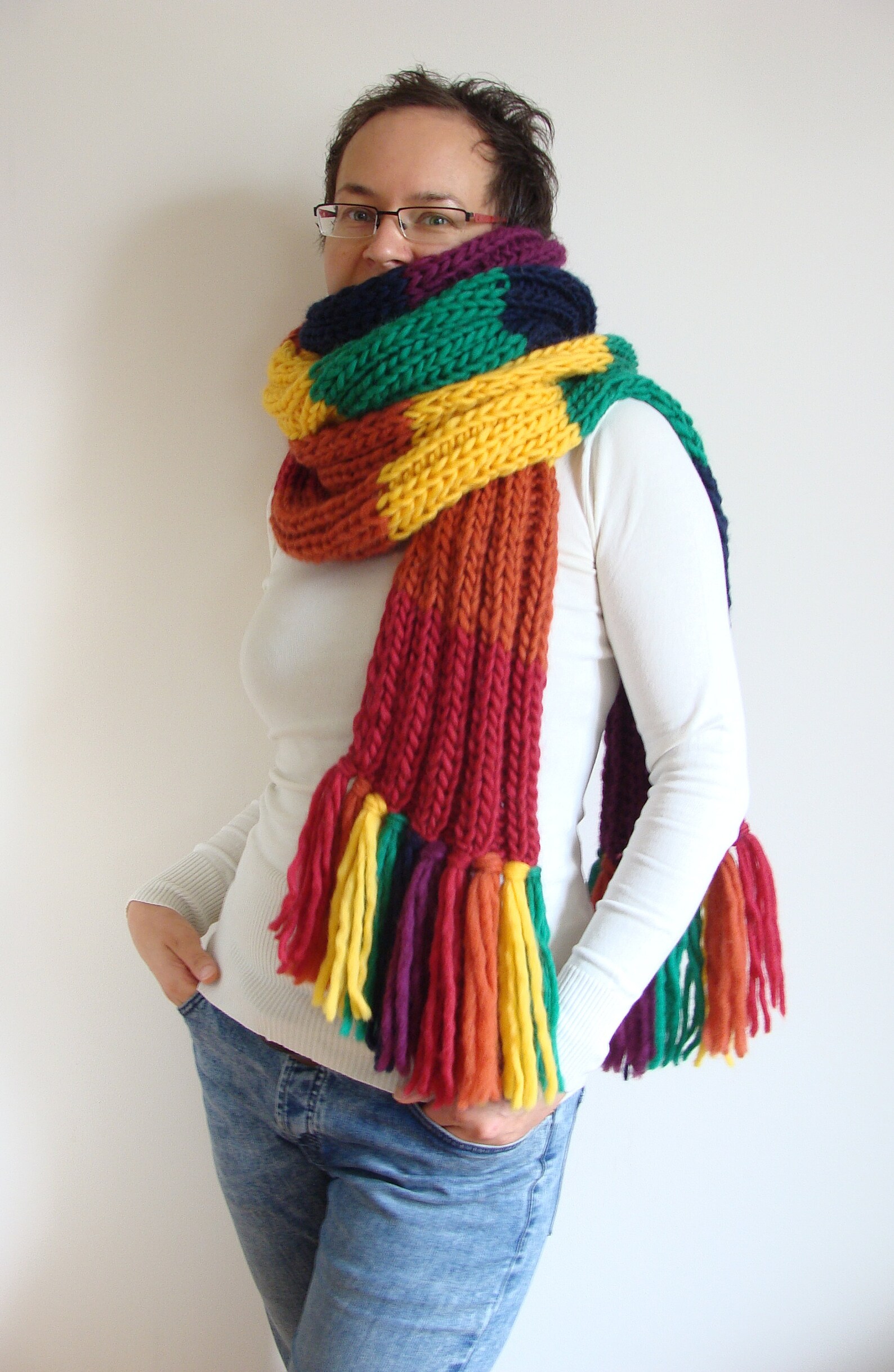 Rainbow Knit Scarf Giant Colorful Scarf Huge Knitted Fringe Etsy