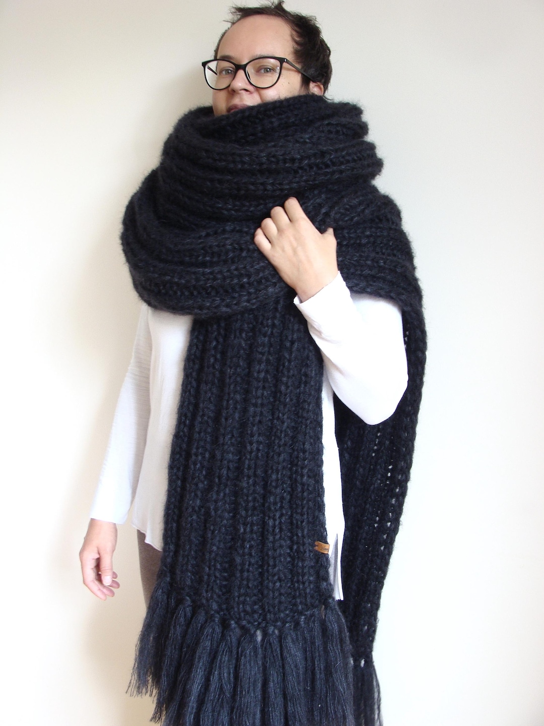 Oversized Mohair Knit Scarf: Extra Long Chunky Tassel Wrap