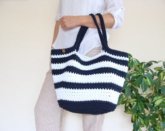 Nautical beach bag, marine style basket bag, sailor crochet bag, custom cotton string bag, basket tote bag