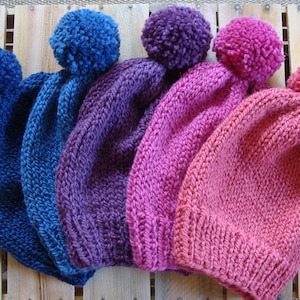 Slouchy beanie hat with pompom, chunky wool beanie hat, knitted winter hat, bulky knit toque