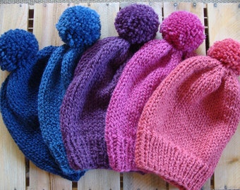 Slouchy Wool Alpaca Blend Beanie: Chunky Knit Pom Pom Winter Hat