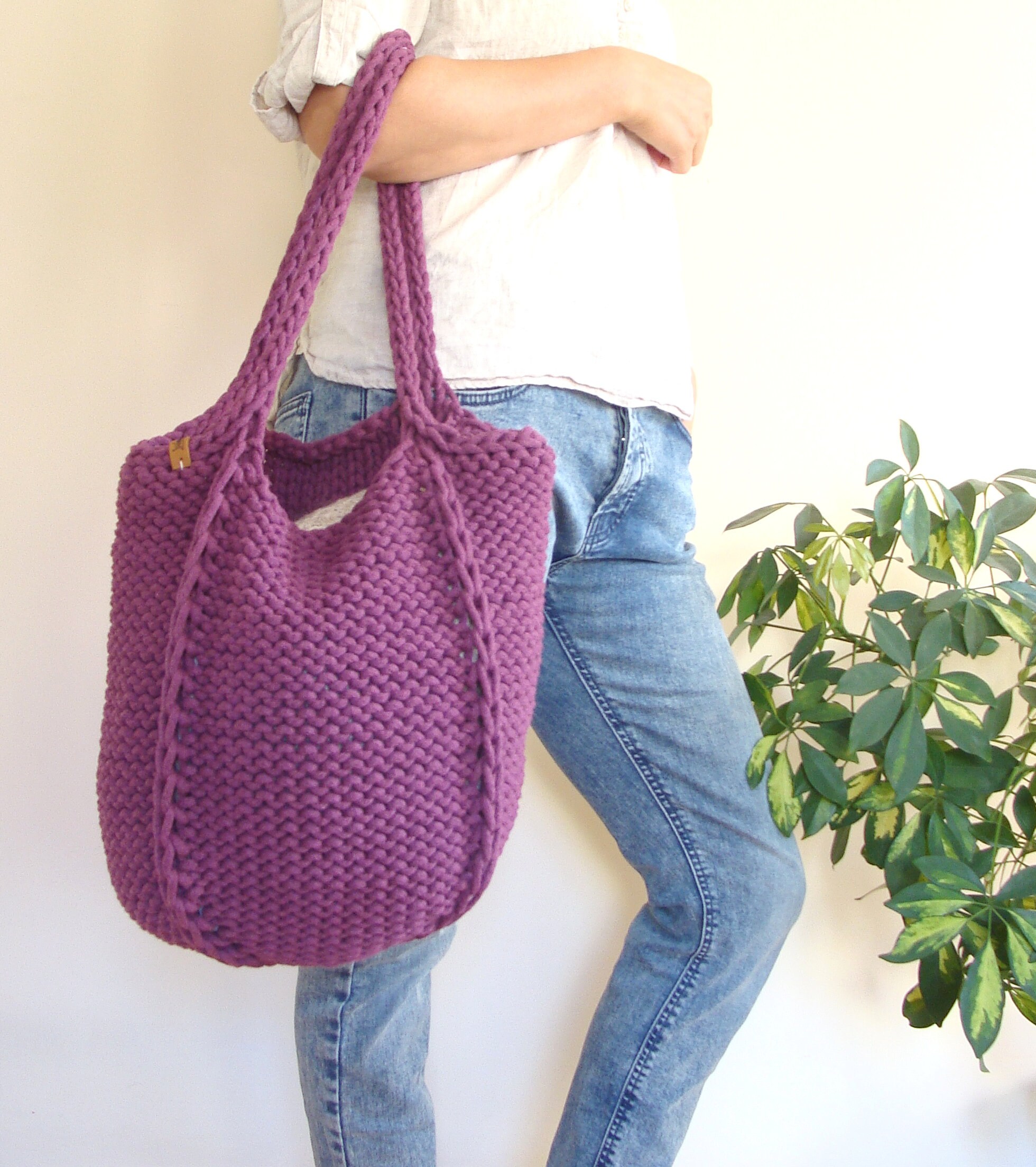 Large knit tote bag knitted beach bag slouchy market bag Etsy