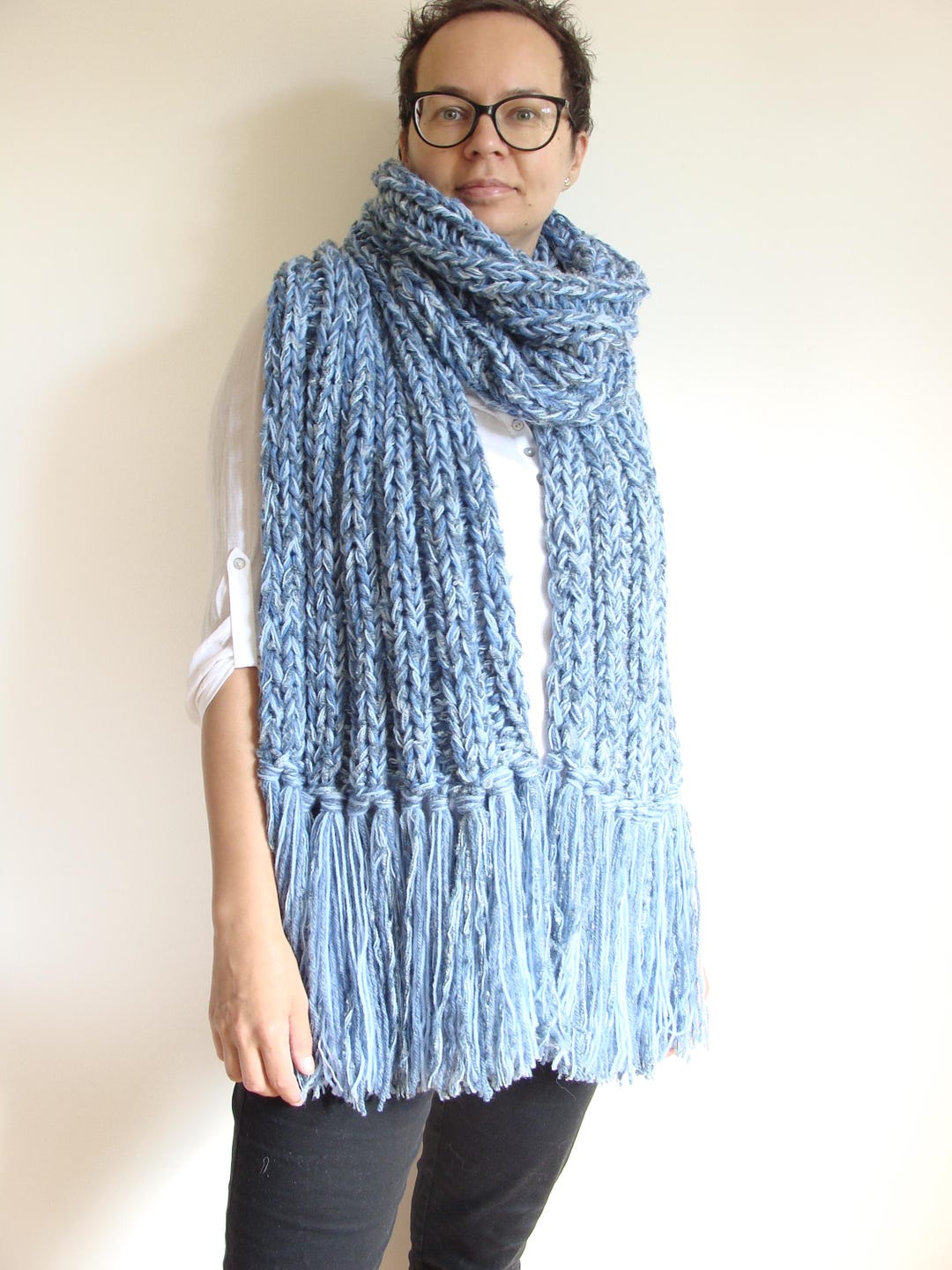 Chunky Knit Scarf With Tassels, Large Melange Blue Winter Fringe Wrap ...