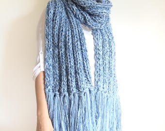 Chunky knit scarf with tassels, large melange blue winter fringe wrap