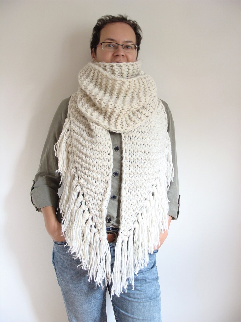 Asymmetric giant knitted scarf, long ivory shawl with tassels, fringe winter wrap scarf, large women's scarf image 1