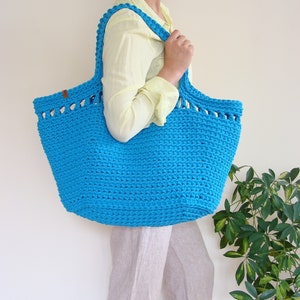 Large crochet beach bag, basket tote bag, big cotton rope bag with lining, custom boho cord bag turquoise