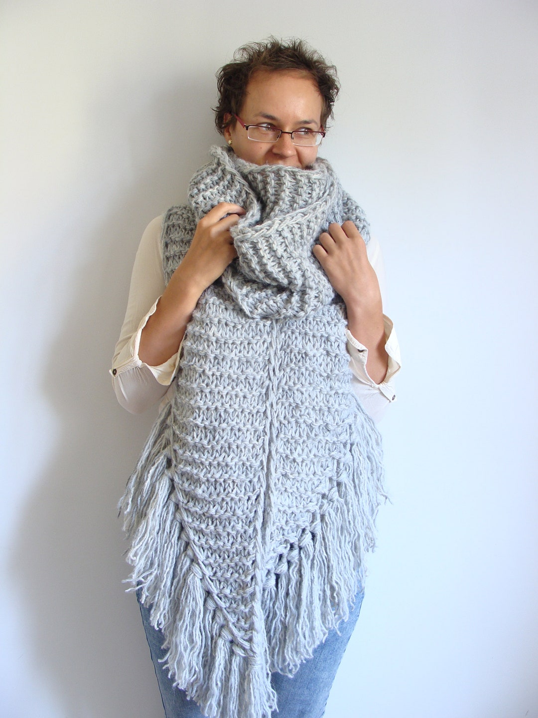 Oversized Knit Wool Scarf With Tassels: Extra Long Asymmetric Wrap - Etsy
