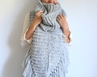 Oversized Knit Wool Scarf with Tassels: Extra Long Asymmetric Wrap