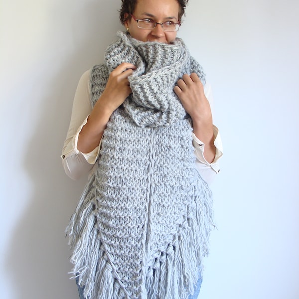 Giant wool scarf with tassels, knit asymmetric wrap scarf, extra long knitted fringe shawl, oversized chunky scarf