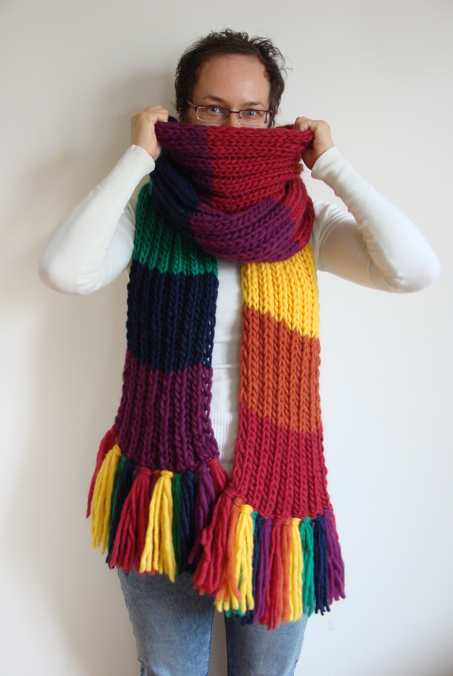 Rainbow Knit Scarf Giant Colorful Scarf Huge Knitted Fringe Etsy