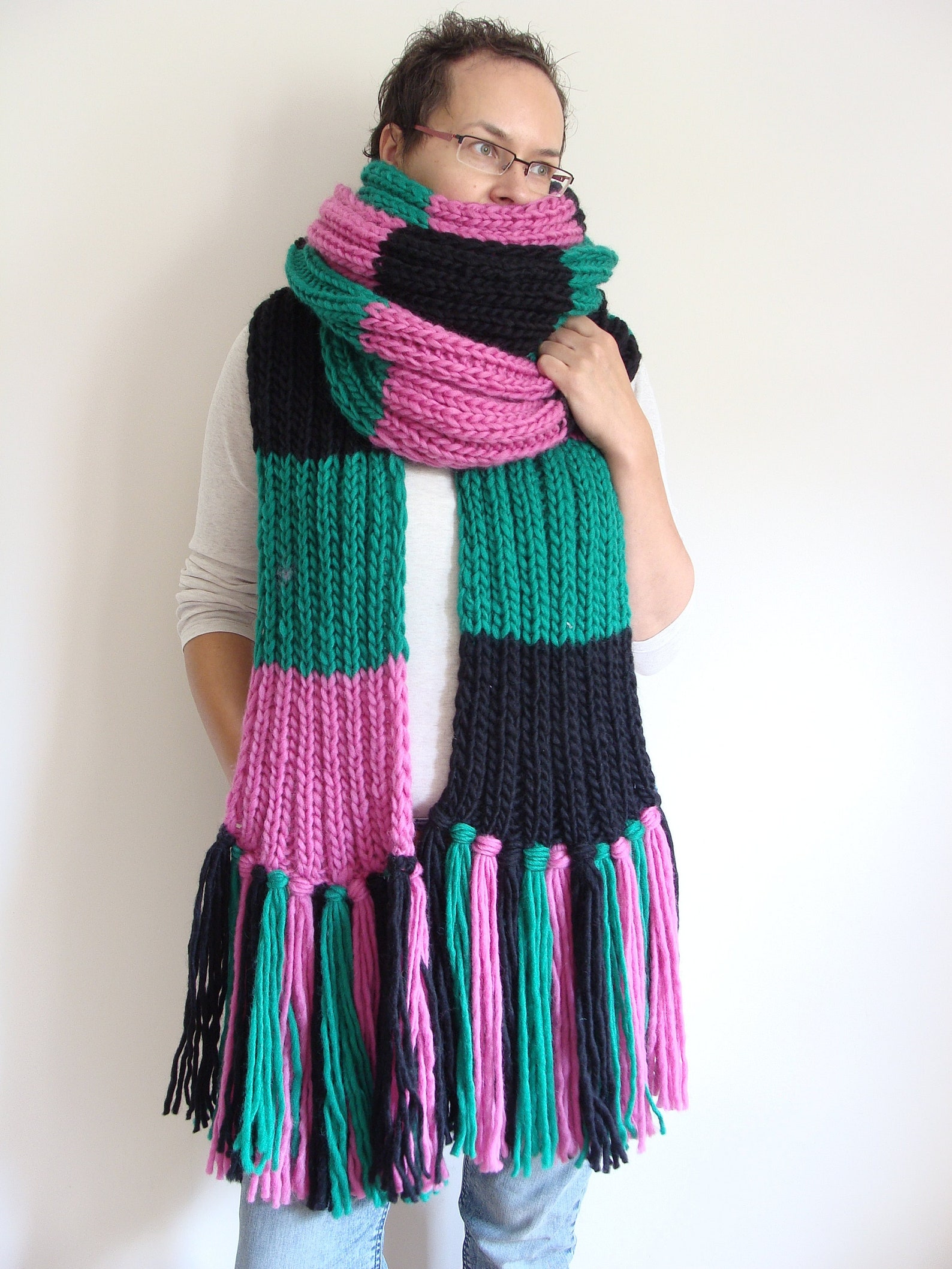 Wool Winter Fringe Scarf, Chunky Knit Oversized Striped Scarf, Giant