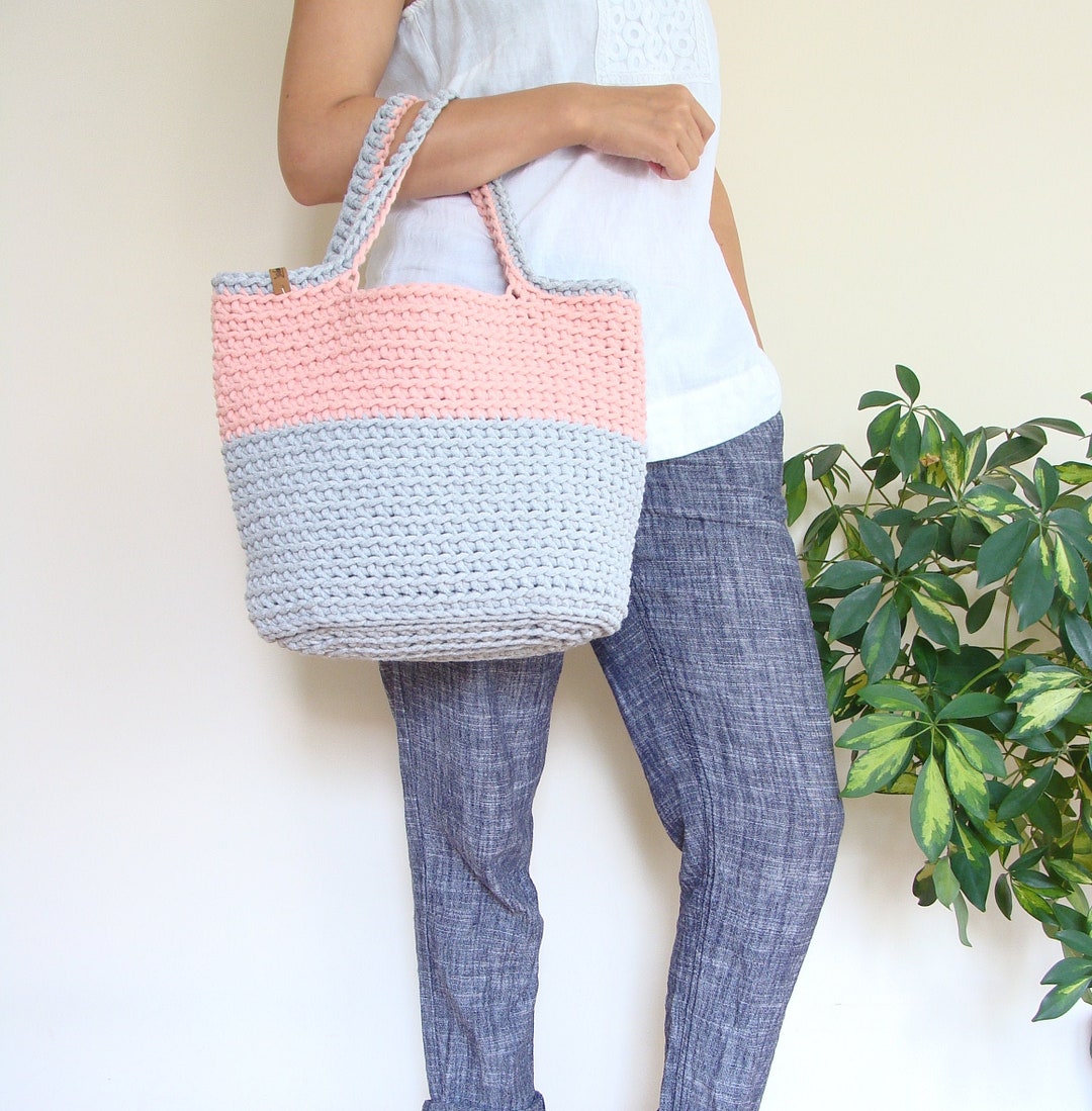 Two Color Crochet Bag Cotton Cord Basket Tote Custom Beach - Etsy