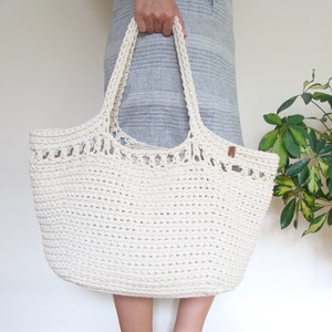 Large crochet beach bag, basket tote bag, big cotton rope bag with lining, custom boho cord bag ecru