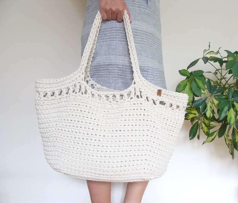 Large crochet beach bag, basket tote bag, big cotton rope bag with lining, custom boho cord bag ecru