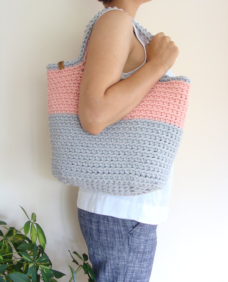 Two Color Crochet Bag Cotton Cord Basket Tote Custom Beach - Etsy