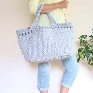 Large crochet beach bag, basket tote bag, big cotton rope bag with lining, custom boho cord bag Light gray