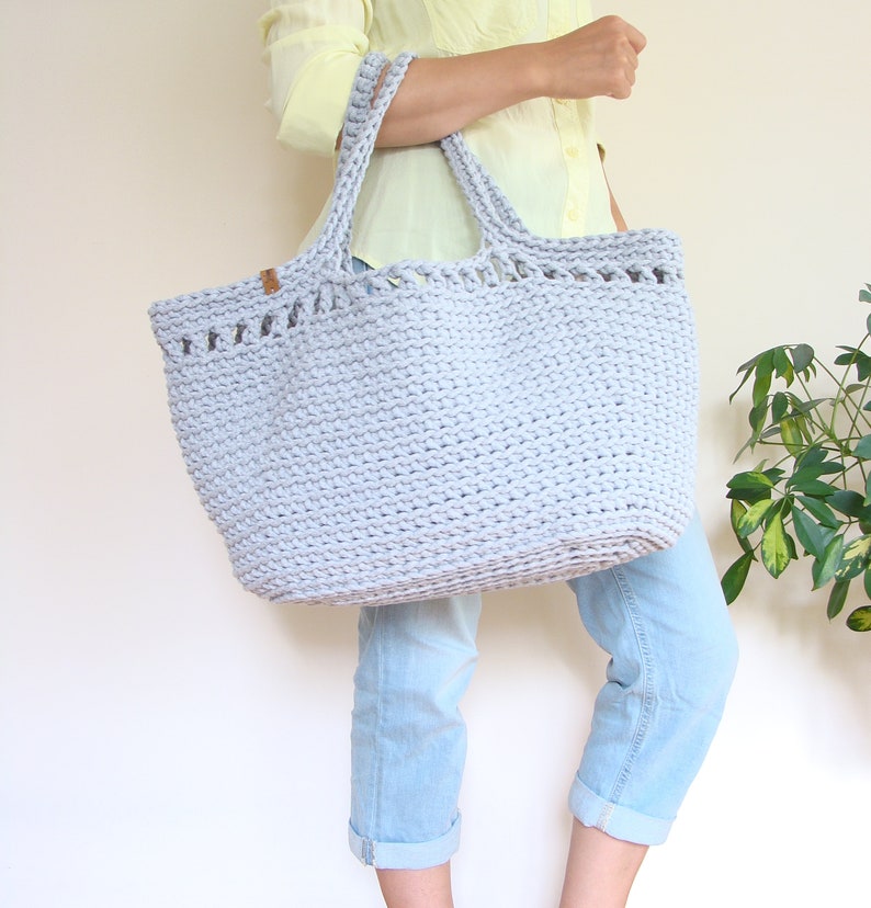 Large crochet beach bag, basket tote bag, big cotton rope bag with lining, custom boho cord bag Light gray