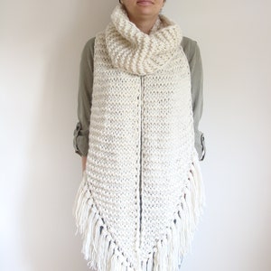 Asymmetric giant knitted scarf, long ivory shawl with tassels, fringe winter wrap scarf, large women's scarf image 8