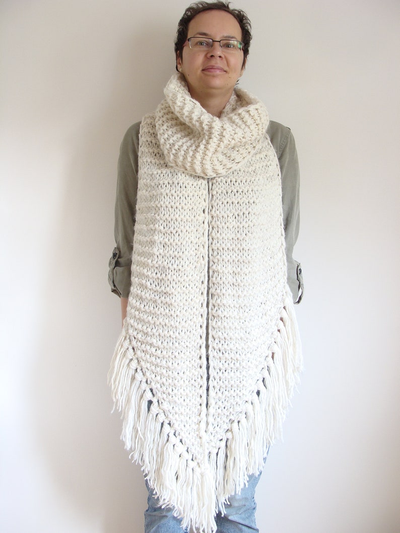 Asymmetric giant knitted scarf, long ivory shawl with tassels, fringe winter wrap scarf, large women's scarf image 8