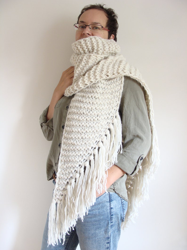 Asymmetric giant knitted scarf, long ivory shawl with tassels, fringe winter wrap scarf, large women's scarf image 5