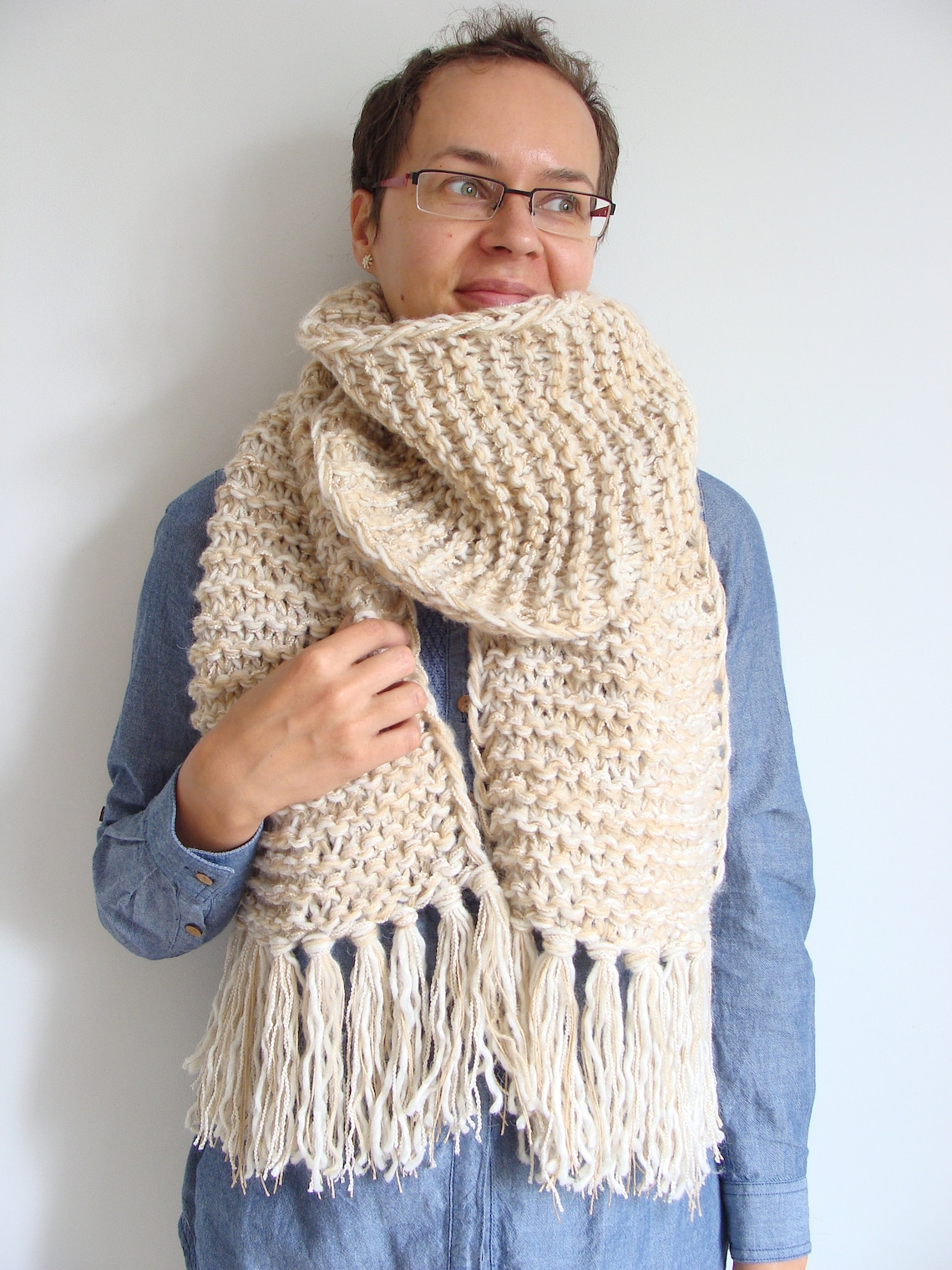 Neutral chunky knit scarf hand knitted large scarf fringe Etsy