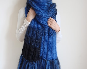 Melange Knit Mohair Scarf with Tassels: Oversized Wool Wrap