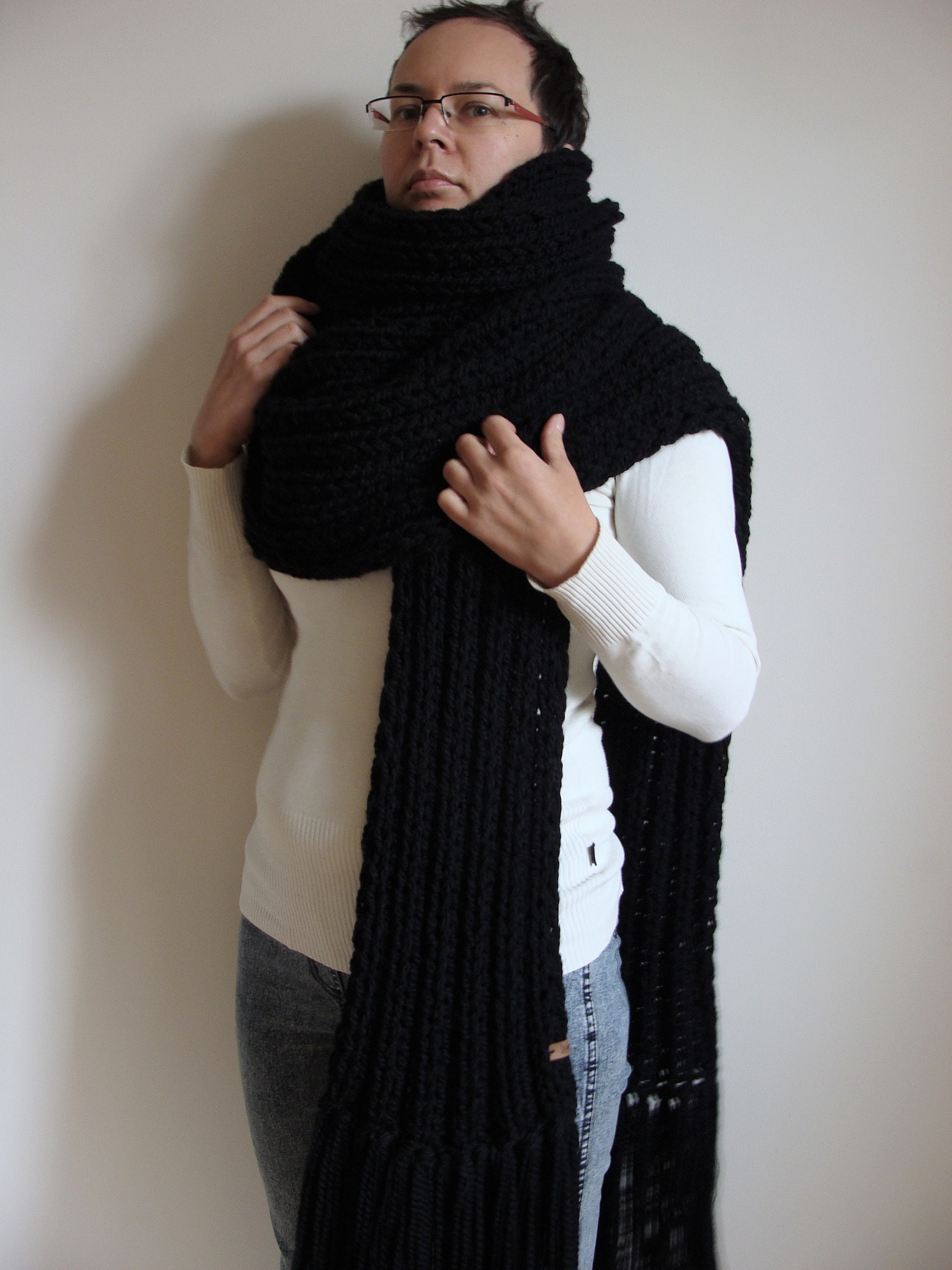 Oversized Knit Scarf With Tassels, Huge Chunky Knitted