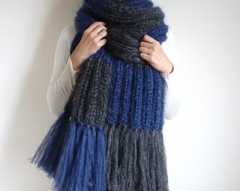 Wide Knit Mohair Scarf with Stripes and Tassels
