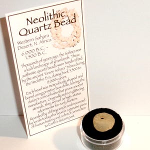 May include: A translucent, pale yellow quartz bead with a central hole, displayed in a small clear plastic container with a black foam insert. Beside it stands a white information card titled Neolithic Quartz Bead, Western Sahara Desert, N. Africa.