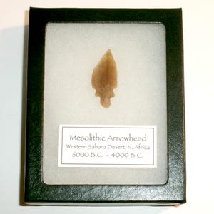 May include: A tan, pointed stone arrowhead centered in a white foam insert within a dark green rectangular display box. A white label reads: Mesolithic Arrowhead, Western Sahara Desert, N. Africa, 6000 B.C. - 4000 B.C. The artifact has a jagged edge.