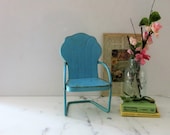 Turquoise Miniature Lawn Chair, Retro Metal Lawn Chair, Plant Stand, Doll Chair