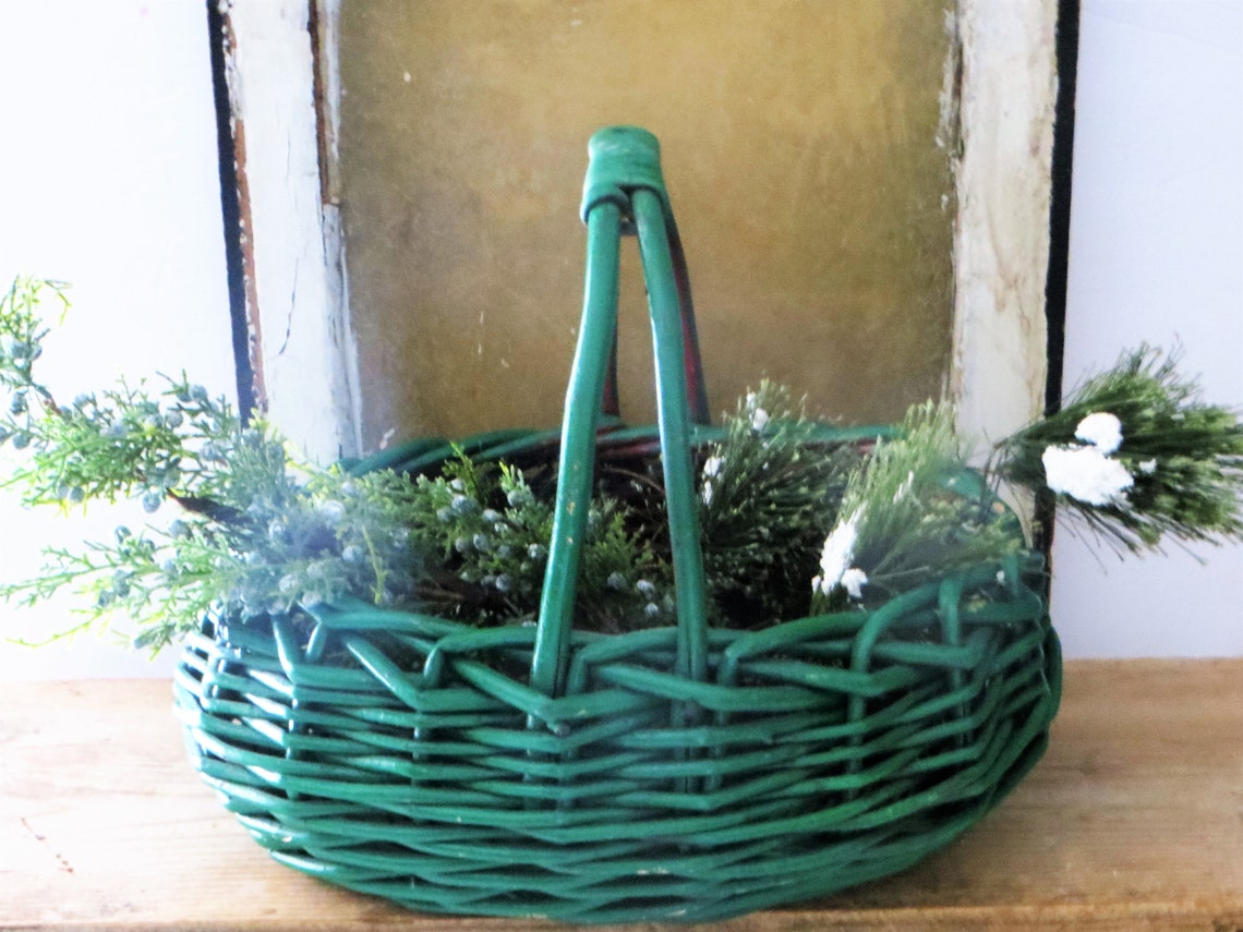 Vintage Oval Painted Green Wicker Basket Plant Basket Etsy