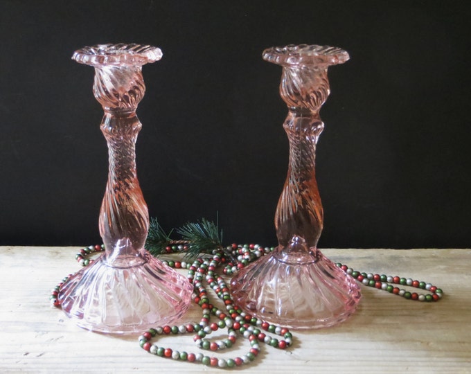 Pink Depression Glass Candlesticks Pair Swirl Pattern Vintage Pink