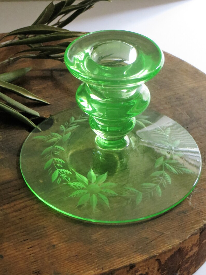 Vintage Green Depression Glass Candlestick Holder Etched Leaf Etsy