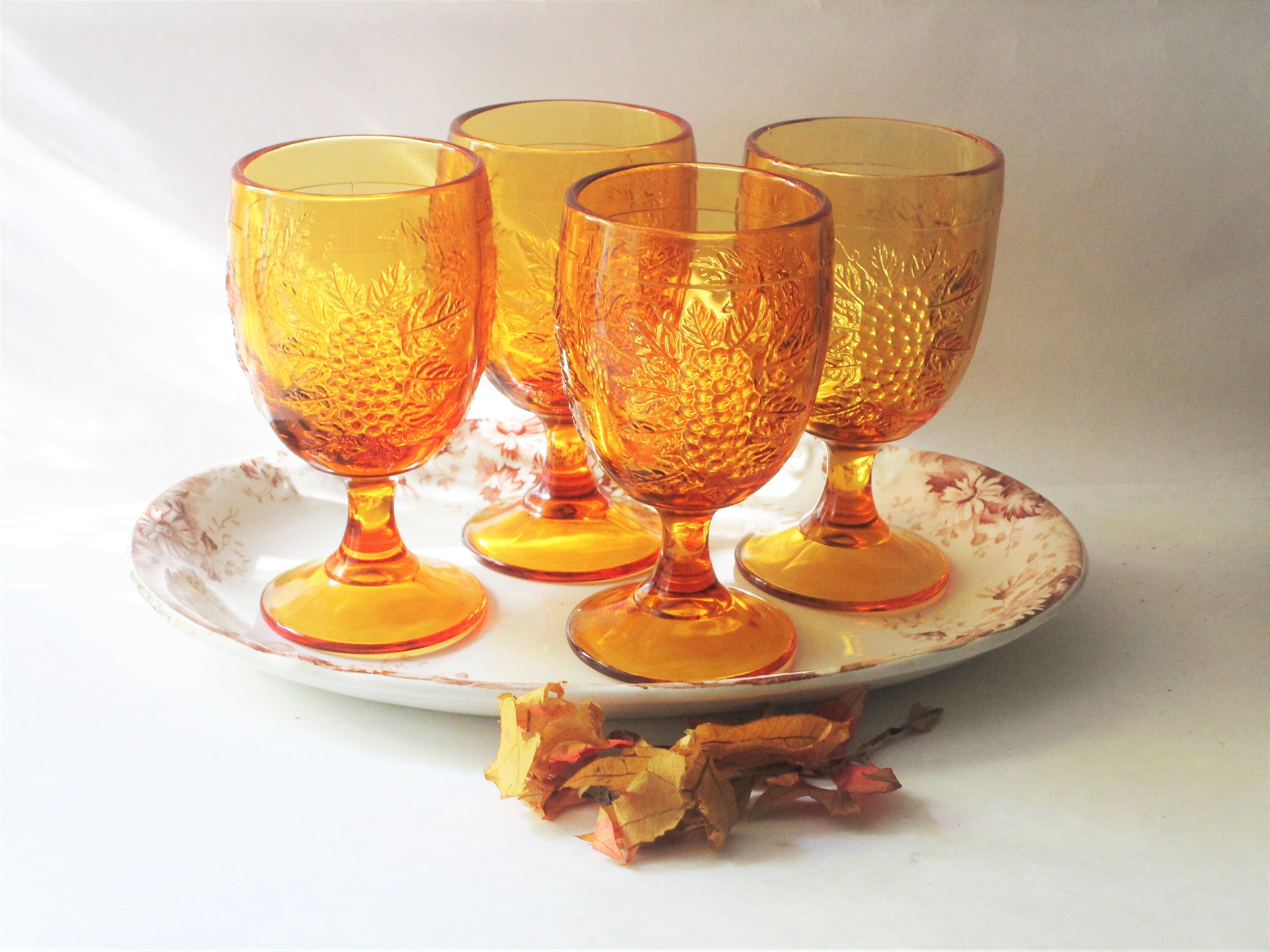 Vintage Amber Glassware Embossed Grape Leaves Wine Goblets Set Etsy