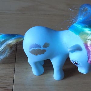 Può includere: Un pony giocattolo azzurro con criniera e coda arcobaleno. Il pony ha un disegno di nuvola sul fianco. La criniera presenta colori come rosa, giallo, verde e blu. La coda è un mix di blu e bianco.