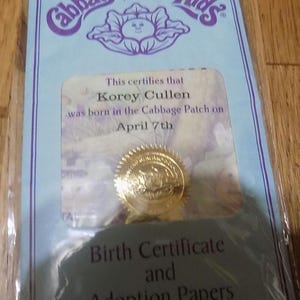 Koolpatch Geboorteakte kinderen adoptiepapieren CPK Vintage speelgoed Poppen Kleding Outfitaccessoires Korey Cullen