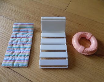 Vintage Fisher Price Loving Family Dollhouse Furniture Playskool: lounge pool chair float life preserver