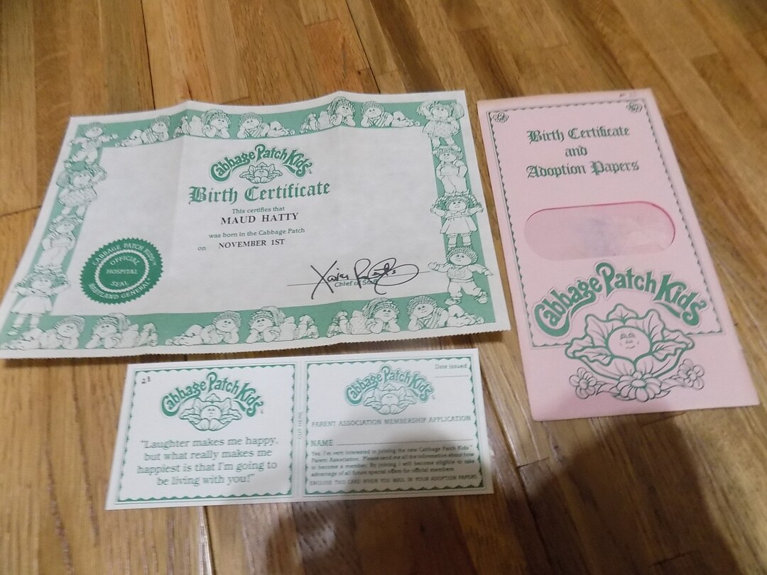 Cabbage Patch Kids Adoption Papers Birth Certificate CPK Maud Hatty Etsy