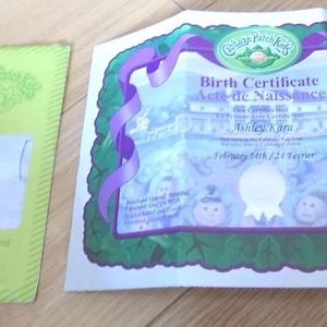 Cabbage Patch Kids Adoption Papers Birth Certificate CPK: Ashley Kara February 24th