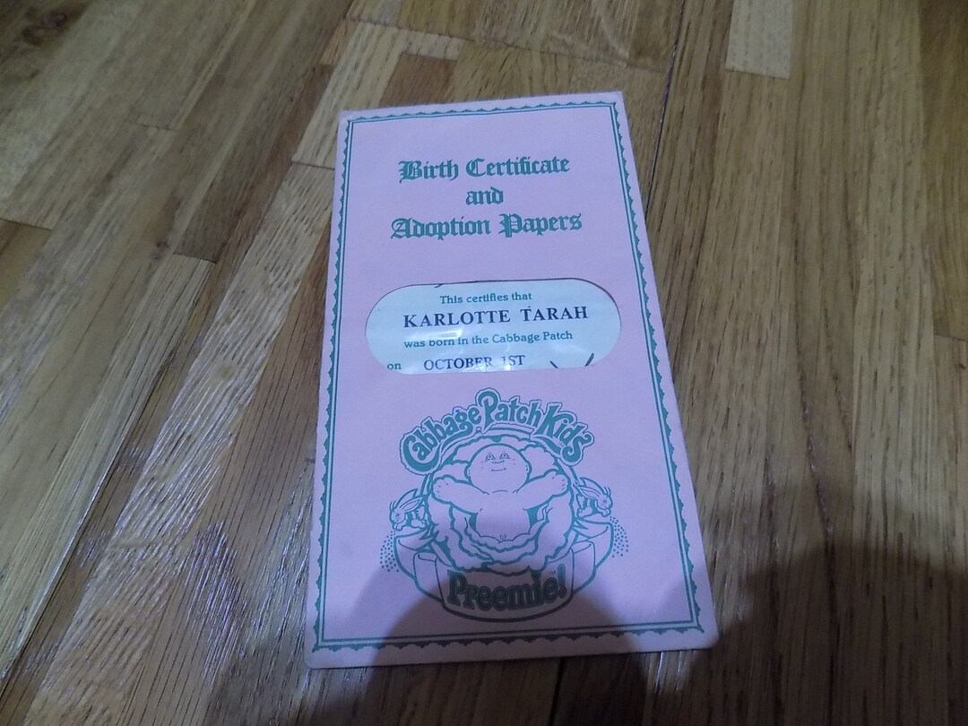 Cabbage Patch Kids Adoption Papers Birth Certificate CPK Karlotte Tarah