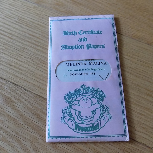 Cabbage Patch Kids Adoption Papers Birth Certificate CPK Melinda Malina
