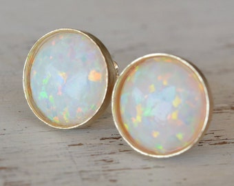 White Opal Stud Earrings White 6mm Gold Filled sterling Silver Round posts Opal Jewelry October Birthstone Size 6mm