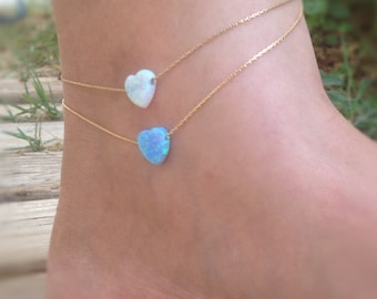 Dainty Opal anklet, heart ankle bracelet, beach anklet,opal heart anklet,opal jewelry,gold anklet,gift for her-22000