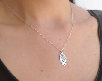 Sterling Silver Opal Hamsa Neckace - Opal Hamsa Hand Necklace - Silver Hamsa Pendant -Opal Hamsa - Blue Hamsa Necklace- D35